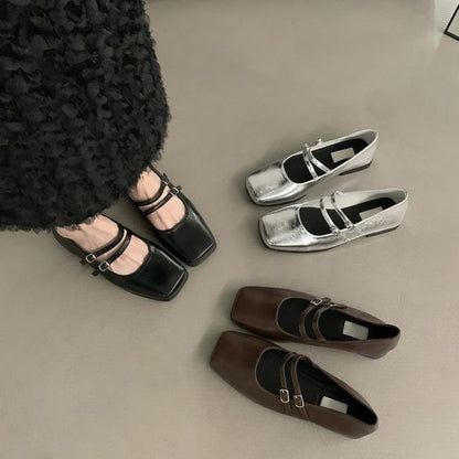 Jane Mary Toe Double Square Shoes Strap Leather Faux