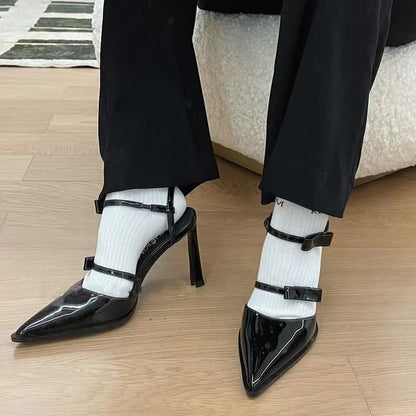 Toe Strap Stiletto Leather Pointed Patent Sandals Bow Ankle Accent