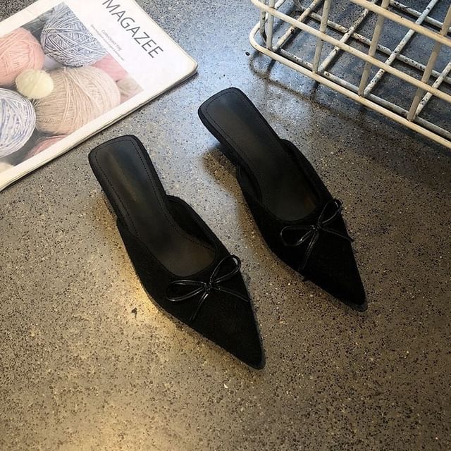 Plain Heel Bow Mules Accent Chunky Pointed Toe