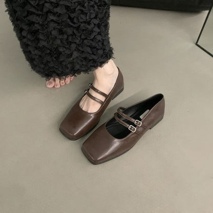 Jane Mary Toe Double Square Shoes Strap Leather Faux