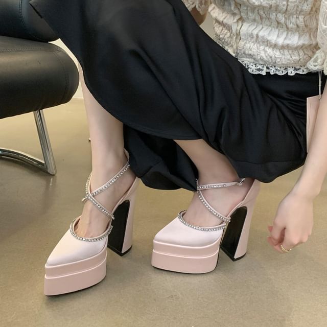 Heel Toe Chunky Pumps Accent Rhinestone Pointed D'Orsay