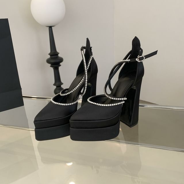 Heel Toe Chunky Pumps Accent Rhinestone Pointed D'Orsay