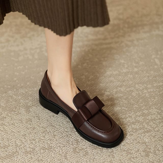Leather Faux Loafers Accent Bow Plain
