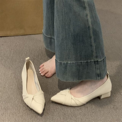 Pointed Chunky Toe Heel Twisted Leather Faux Pumps Plain