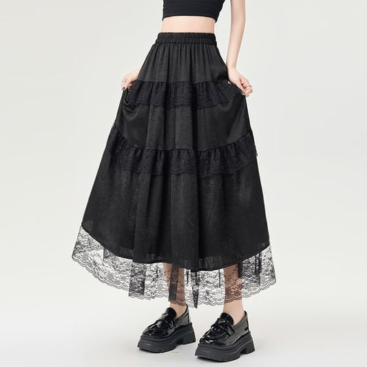 Maxi High Rise Trim A-Line Lace Plain Skirt