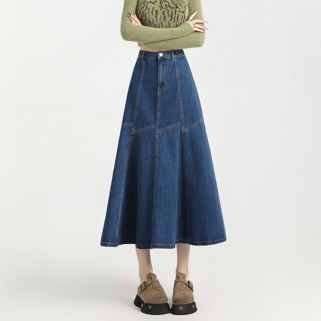 Denim Contrast Skirt A-Line High Stitching Midi Rise