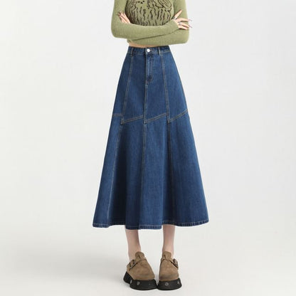 Denim Contrast Skirt A-Line High Stitching Midi Rise