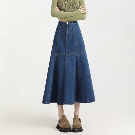 Denim Contrast Skirt A-Line High Stitching Midi Rise
