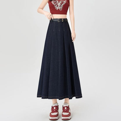 Maxi Contrast A-Line Pleated Stitching Accordion Skirt Denim High Rise