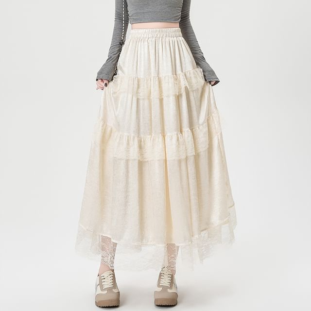 Maxi High Rise Trim A-Line Lace Plain Skirt