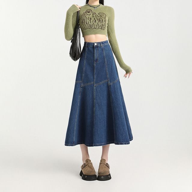 Denim Contrast Skirt A-Line High Stitching Midi Rise