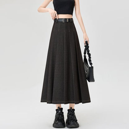 Maxi Contrast A-Line Pleated Stitching Accordion Skirt Denim High Rise