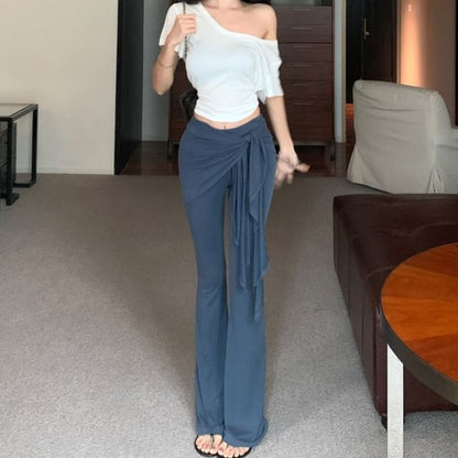 T-Shirt Pants High Shoulder Crop / Plain Overlay Off Yoga Waist Skirt Short-Sleeve