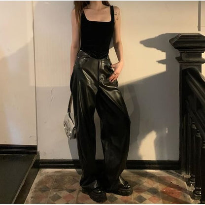 Pants Camisole Flared High Leather Rise Plain Neck / Faux Square Top