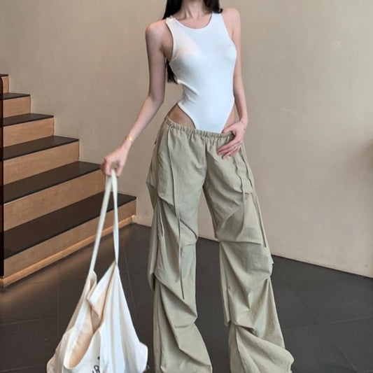 Neck Ruched Waist / Plain Pants Bodysuit Low Leg Top Sleeveless Round Wide