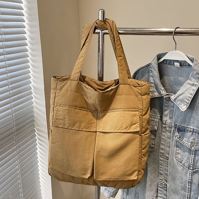 Fabric Tote Plain Bag Flap Pocket