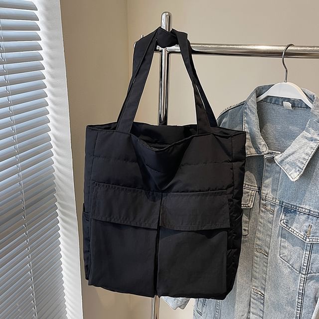 Fabric Tote Plain Bag Flap Pocket