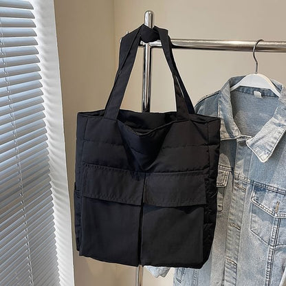 Fabric Tote Plain Bag Flap Pocket