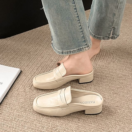 Leather Heel Faux Loafer Mules Plain Penny Chunky