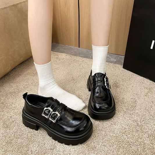 Leather Platform Shoes Buckled Faux Plain