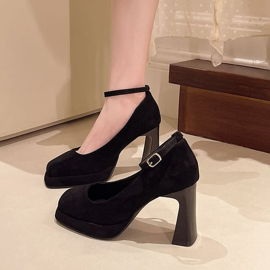 Plain Strap Heel Ankle Chunky Pumps Toe Square