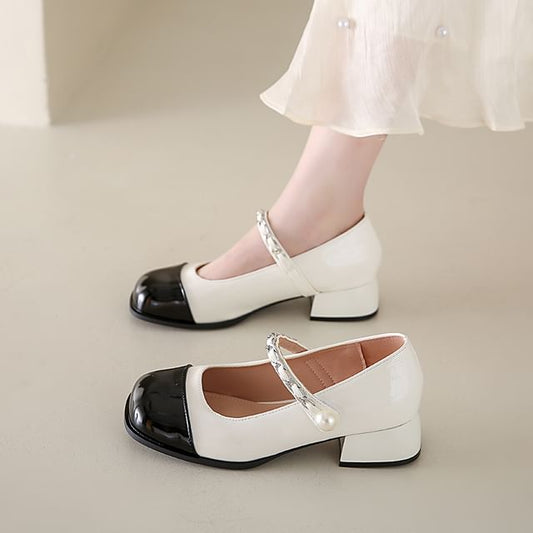 Heel Pumps Chunky Jane Accent Toe Mary Pearl Faux Cap