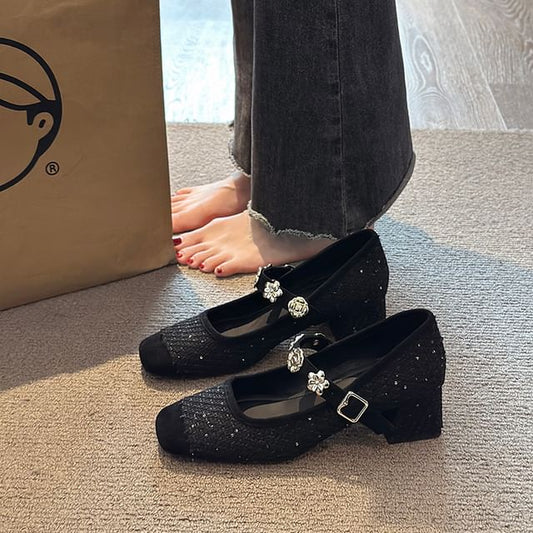 Sequin Pumps Chunky Metal Jane Accent Mary Heel