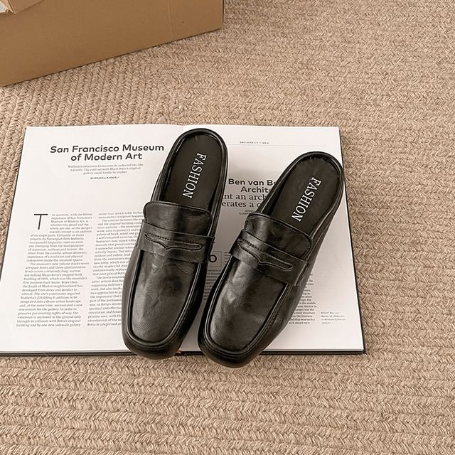 Leather Heel Faux Loafer Mules Plain Penny Chunky