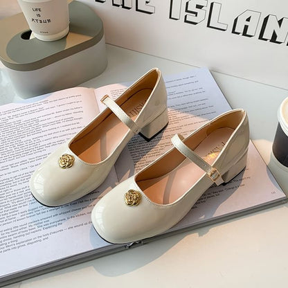 Heel Patent Leather Flower Mary Jane Chunky Pumps Accent