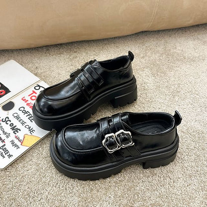 Leather Platform Shoes Buckled Faux Plain