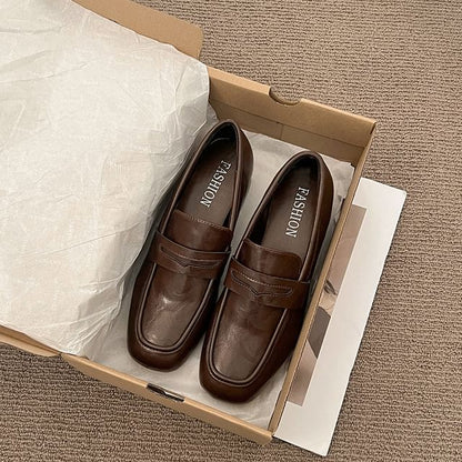 Faux Penny Leather Heel Loafers Chunky Plain