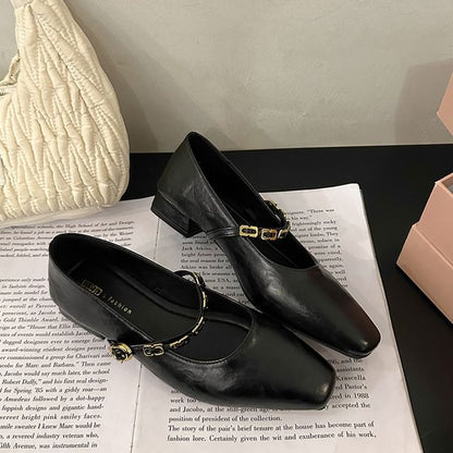 Jane Pumps Buckled Heel Faux Mary Chunky Leather