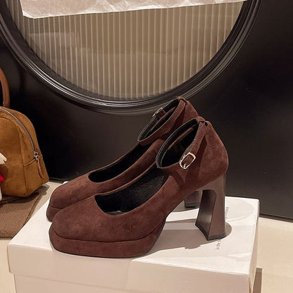 Plain Strap Heel Ankle Chunky Pumps Toe Square