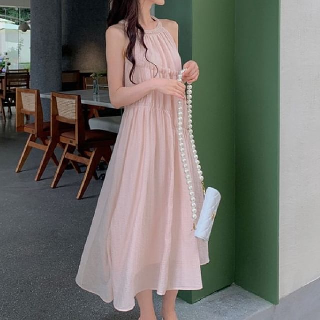 Sleeveless Midi Round Panel A-Line Neck Dress Plain
