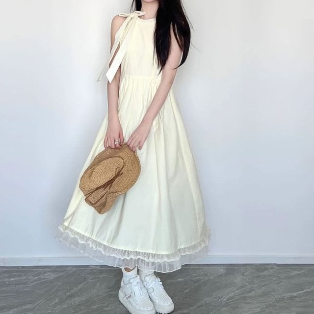 Plain Round Maxi Sleeveless Mesh Neck Panel Bow Dress A-Line