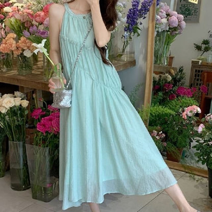 Sleeveless Midi Round Panel A-Line Neck Dress Plain