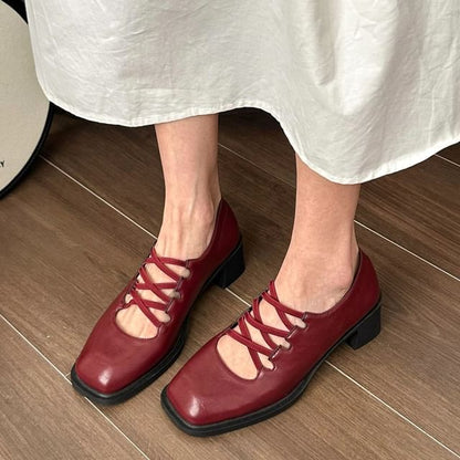 Plain Lace-Up Heel Toe Square Jane Pumps Mary Chunky