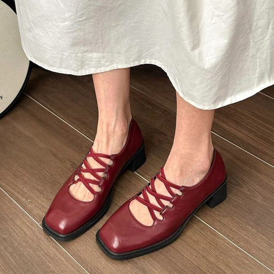 Plain Lace-Up Heel Toe Square Jane Pumps Mary Chunky
