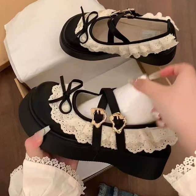 Buckled Trim Mary Shoes Lace Platform Ruffle Jane