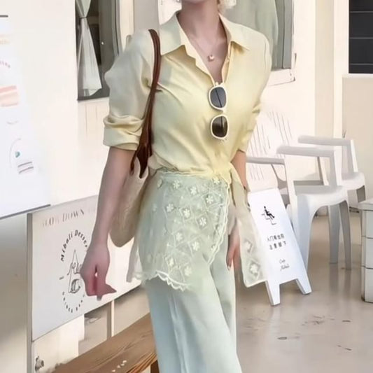 Sleeve Shirt Long Trim Panel Collared Plain Lace