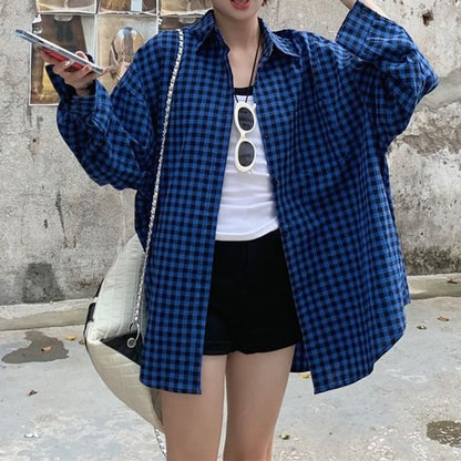 Long-Sleeve Button Collared Shirt Plaid Up