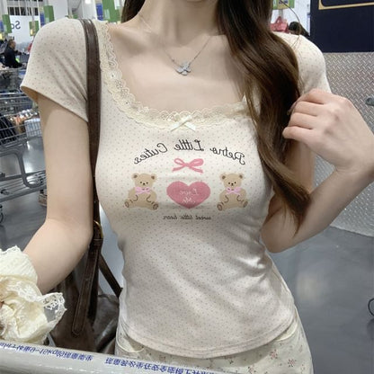Trim Tee Bear Print Scoop Lace Neck Short-Sleeve Fit Crop Slim