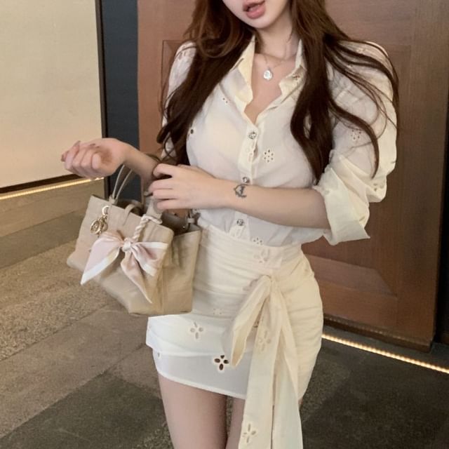 Ruched High Rise Bow / Mini Flower Long-Sleeve Embroidered Skirt Shirt Pencil