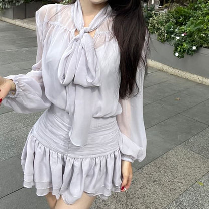 Top Skirt Cami A-Line Puff-Sleeve / High Plain Blouse Tie-Neck Set Rise Mini