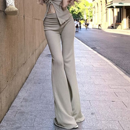 Top Strapless Side-Slit Asymmetrical Plain Waist / High Pants Drawstring Flared