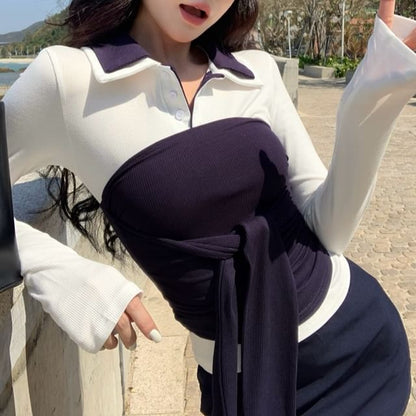 High Collar Plain Trim Tube Waist Tee Tie-Front Top Long-Sleeve Contrast Skirt / Mini Pencil