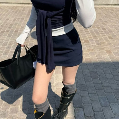High Collar Plain Trim Tube Waist Tee Tie-Front Top Long-Sleeve Contrast Skirt / Mini Pencil