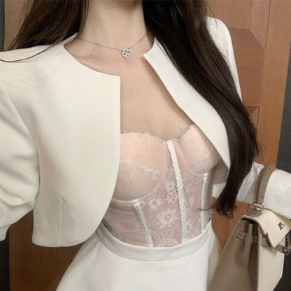 Front / A-Line Skirt Jacket Lace Bustier Rise Open Mini High Top Cropped Plain