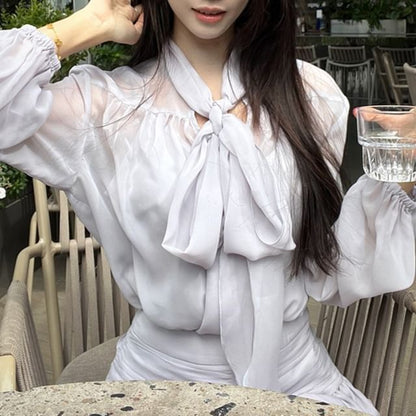 Top Skirt Cami A-Line Puff-Sleeve / High Plain Blouse Tie-Neck Set Rise Mini