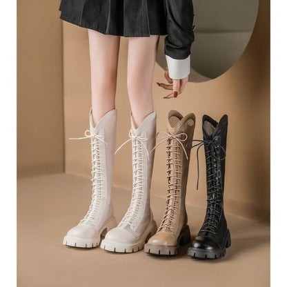 Panel Platform Lace-Up Mesh Tall Boots